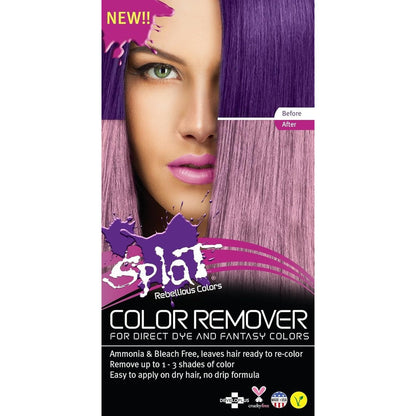 Splat Color Remover for Direct Dye and Fantasy Colors front packaging view for hair dye stripping