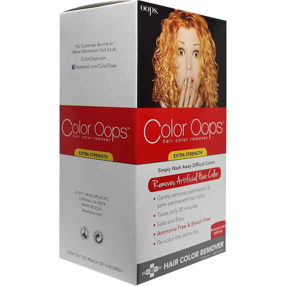 Color Oops Extra Strength Hair Color Remover front view box packaging for professional grade hair dye correction.