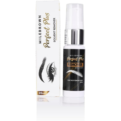 MinaiBrow Milebrown Perfect Plus Eyebrow Henna Remover 20 milliliter bottle front view showcasing professional tint correction solvent.