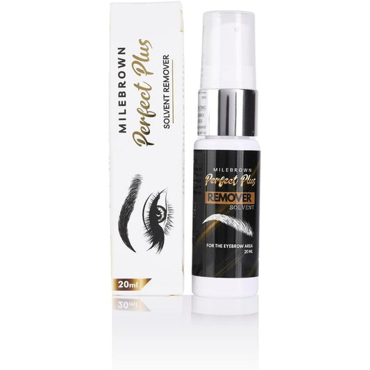 MinaiBrow Milebrown Perfect Plus Eyebrow Henna Remover 20 milliliter bottle front view showcasing professional tint correction solvent.