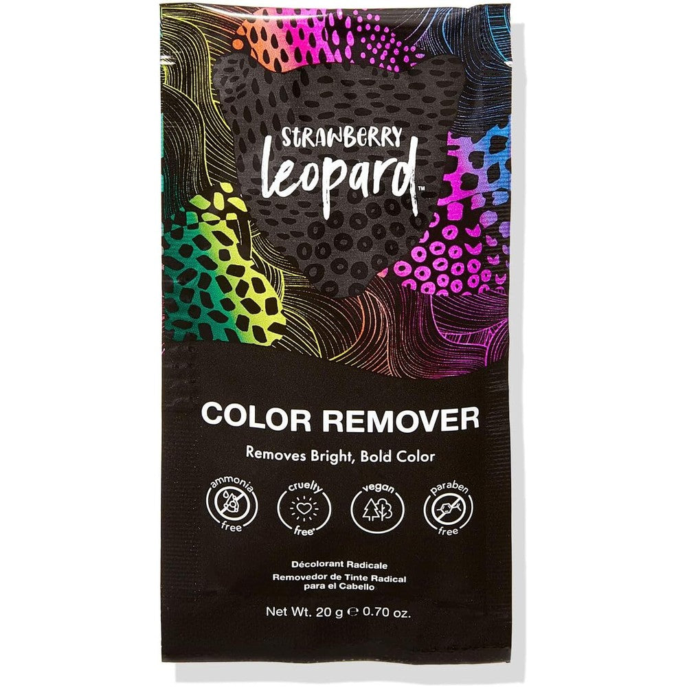 Strawberry Leopard Hair Color Remover powder packet front view showcasing vegan and ammonia free formula labels.