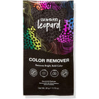 Strawberry Leopard Hair Color Remover powder packet front view showcasing vegan and ammonia free formula labels.