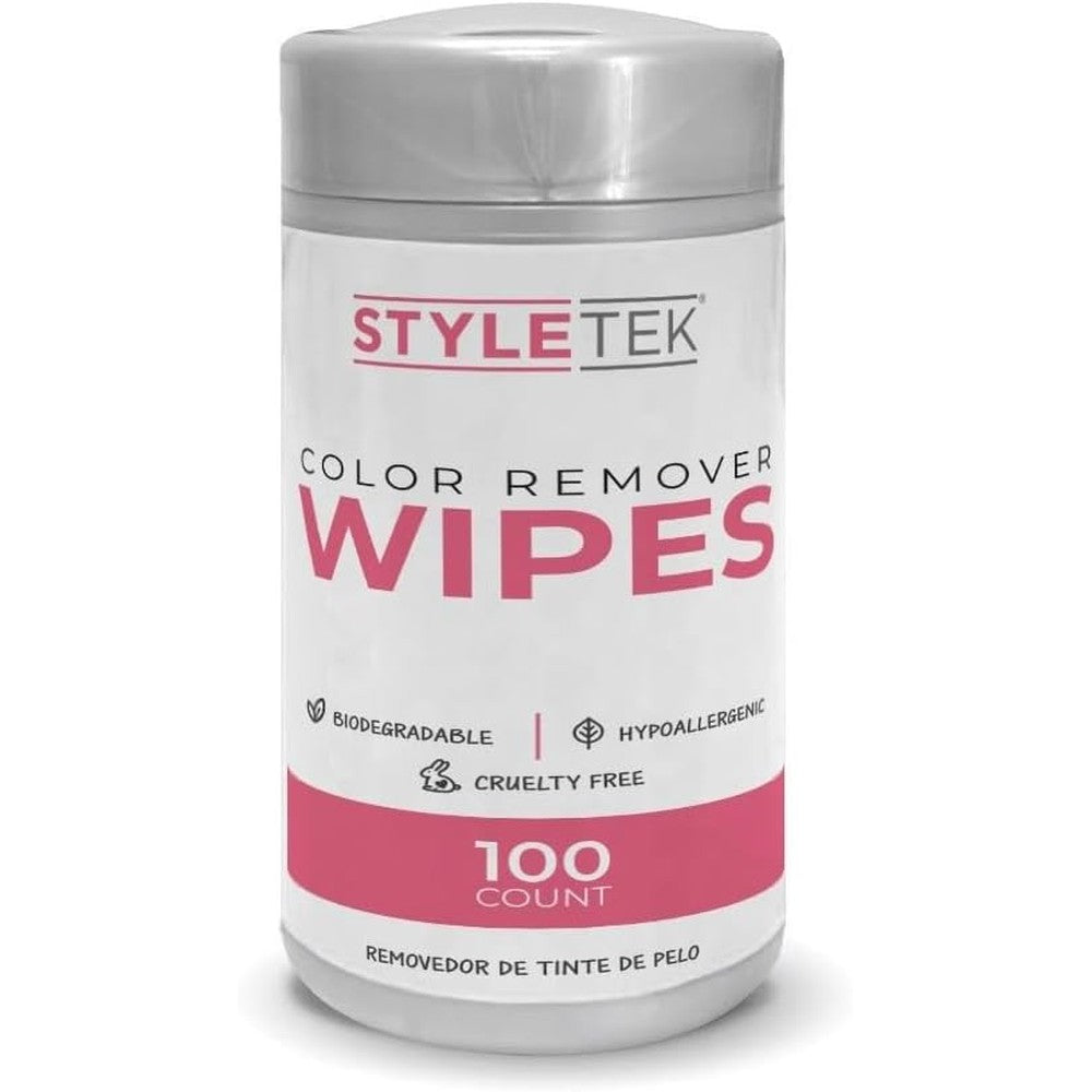 Styletek Hair Color Remover Wipes 100 Number Canister front view showing easy open top packaging.