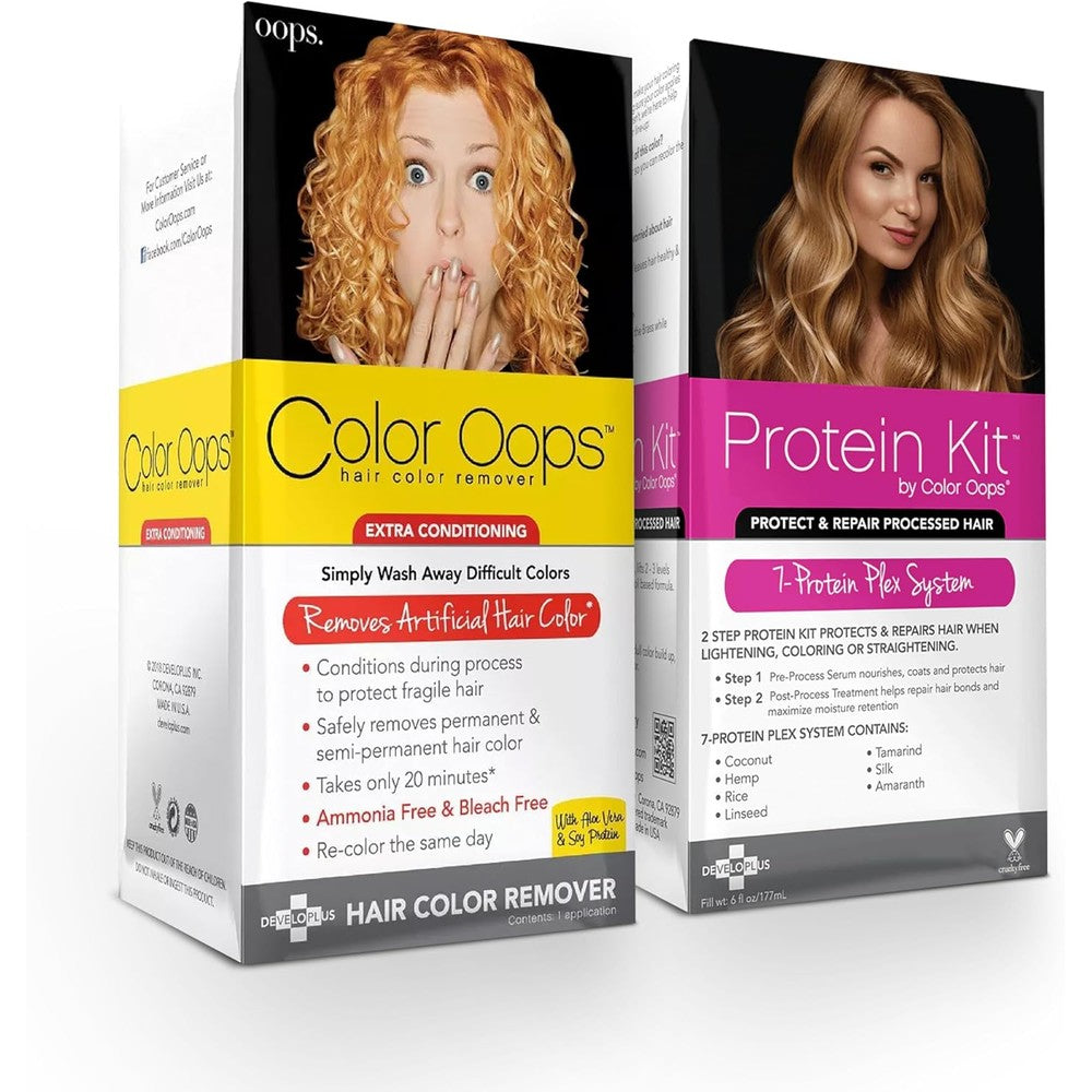 Color Oops Extra Conditioning Hair Color Remover and Protein Kit Bundle box front view for gentle hair dye removal.