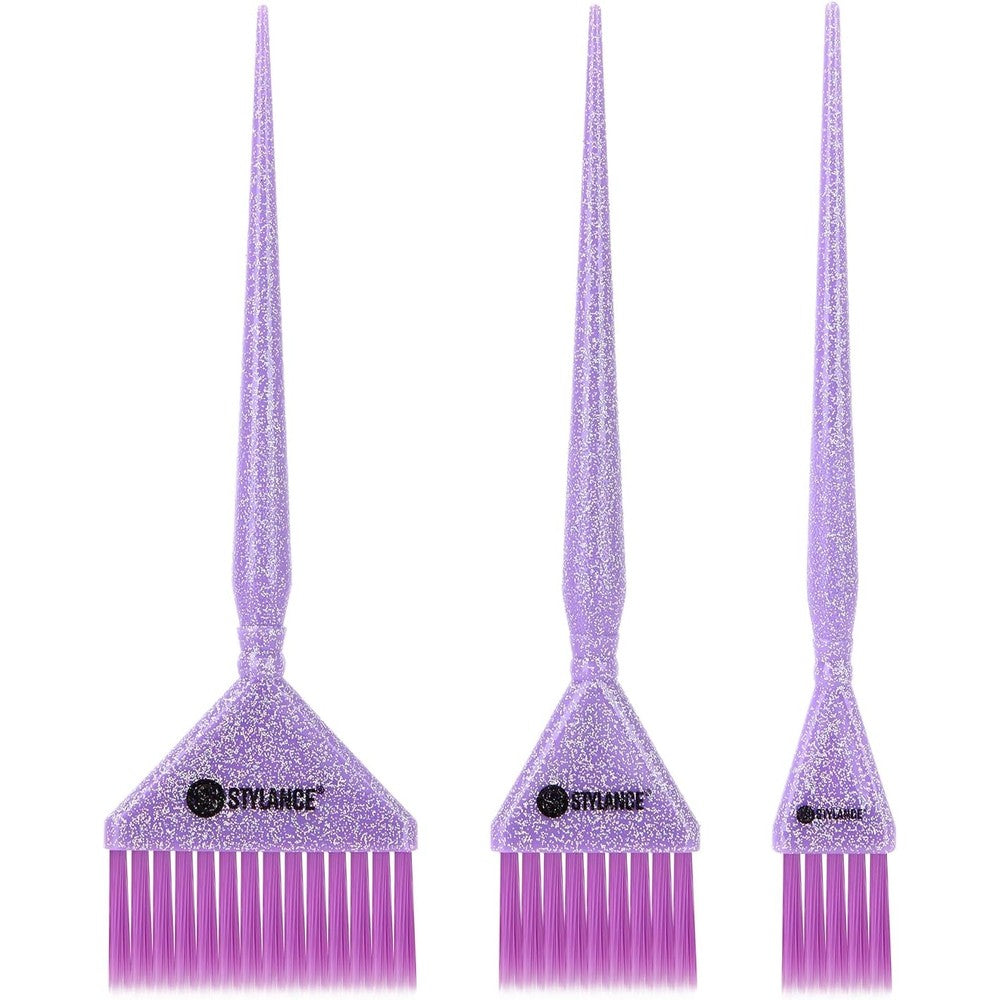 Stylance hair color brush set with purple glitter handles and pointed tails.