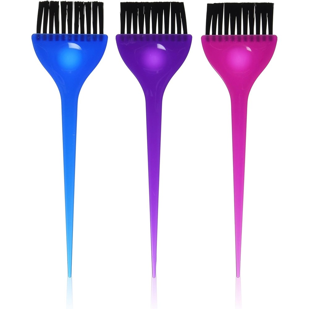 Soft 'N Style 3 Piece Translucent Dye Brush Set with blue, pink, and purple handles for hair coloring.