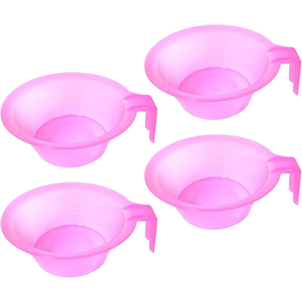Lasenersm 4 pieces hair color mixing bowl front view showing the transparent pink design and ergonomic handle.