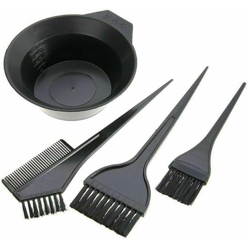 MSQ Professional Hair Colouring Brush and Bowl Set front view showing the black mixing bowl and three applicator tools.