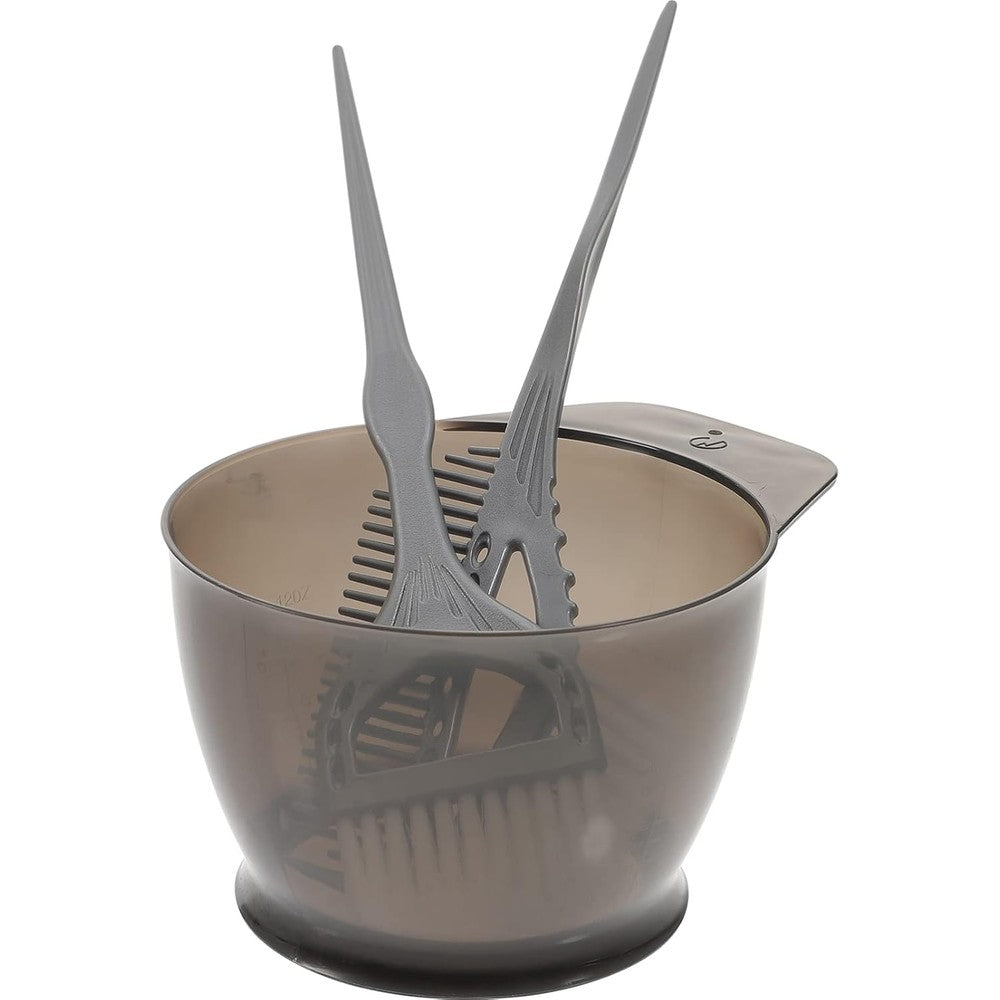 Healifty hair dye coloring kit 3 pieces front view showing the grey mixing bowl and two applicator tools for professional hair coloring.