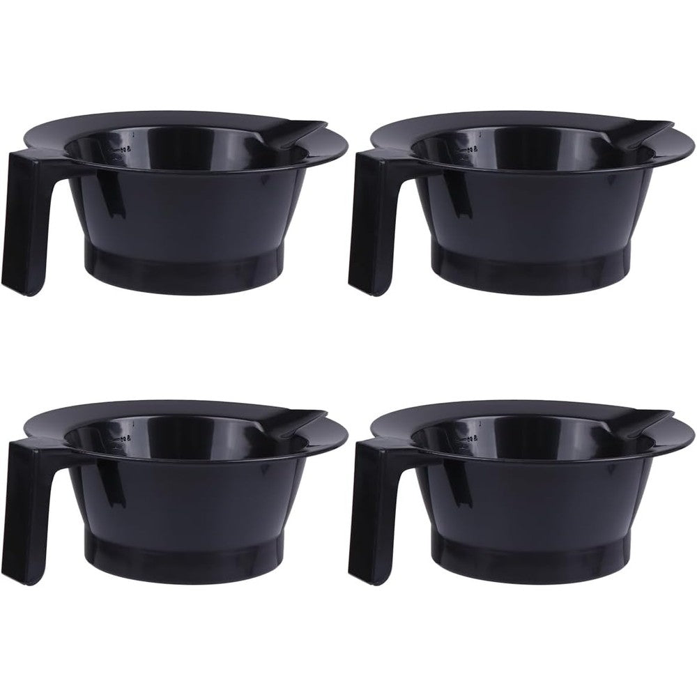 Beaupretty hair dye bowl set front view showing four black plastic salon mixing bowls.