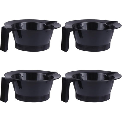 Beaupretty hair dye bowl set front view showing four black plastic salon mixing bowls.