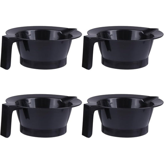 Beaupretty hair dye bowl set front view showing four black plastic salon mixing bowls.