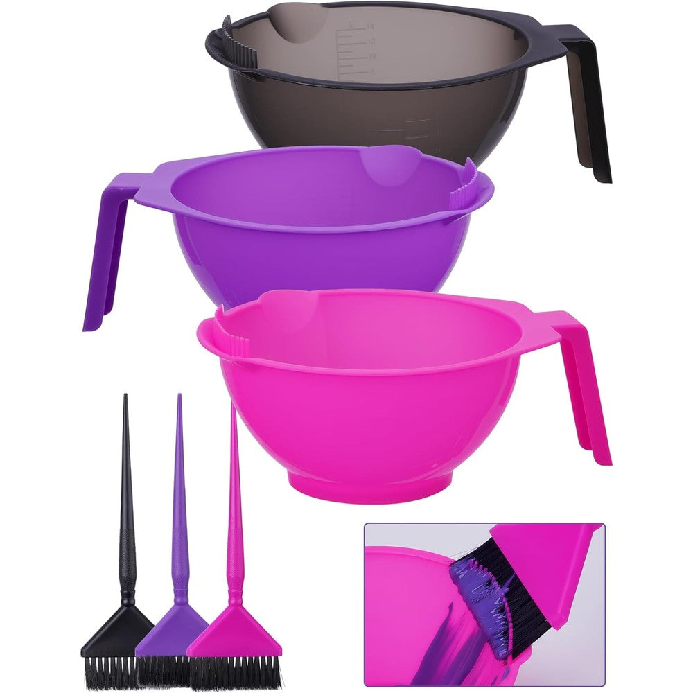 NiHome Hair Dye Bowl and Brush Set front view showing three colorful mixing bowls and matching salon brushes.