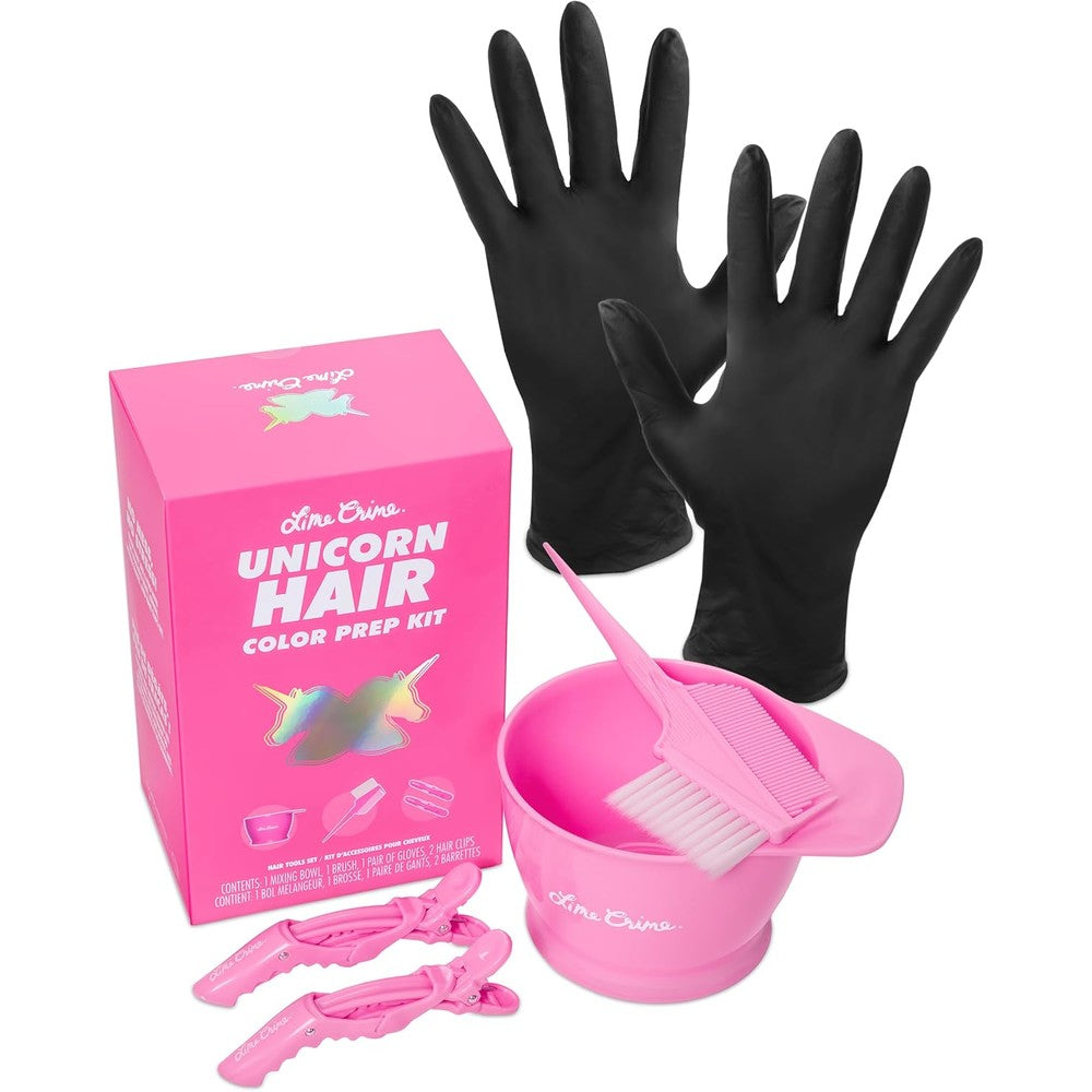 Lime Crime Unicorn Hair Color Prep Kit 4-Piece Set front view showing the pink mixing bowl and tint brush.