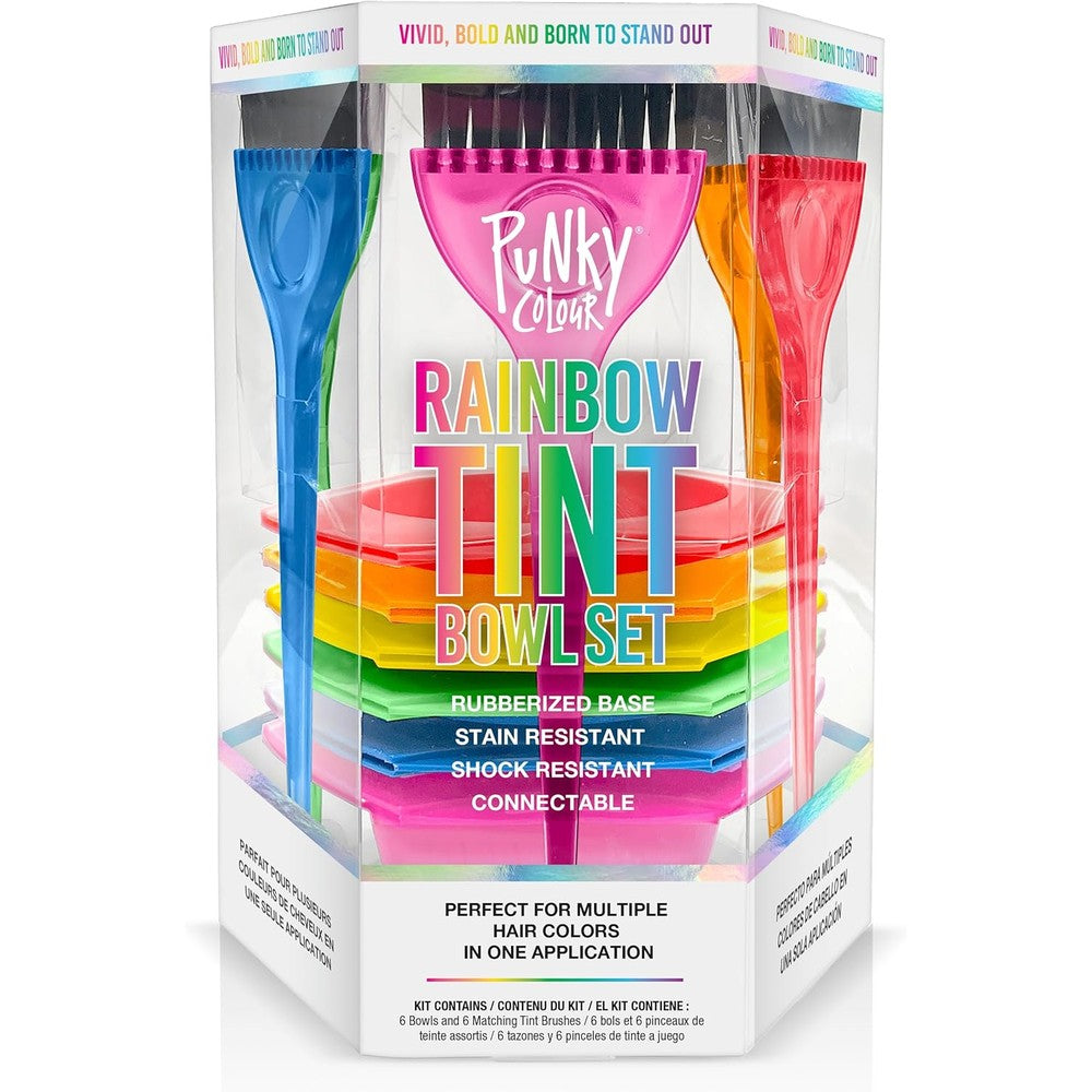 Punky Rainbow Tint Hair Dye Brush and Bowl Set front view showing six interlocking multi-colored mixing bowls with matching applicator brushes.