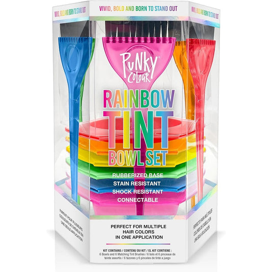 Punky Rainbow Tint Hair Dye Brush and Bowl Set front view showing six interlocking multi-colored mixing bowls with matching applicator brushes.