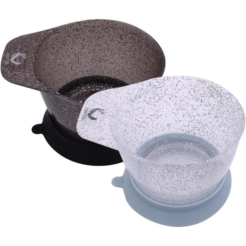 Colortrak Galaxy Glitter Bowls front view showing black and translucent white salon mixing cups.