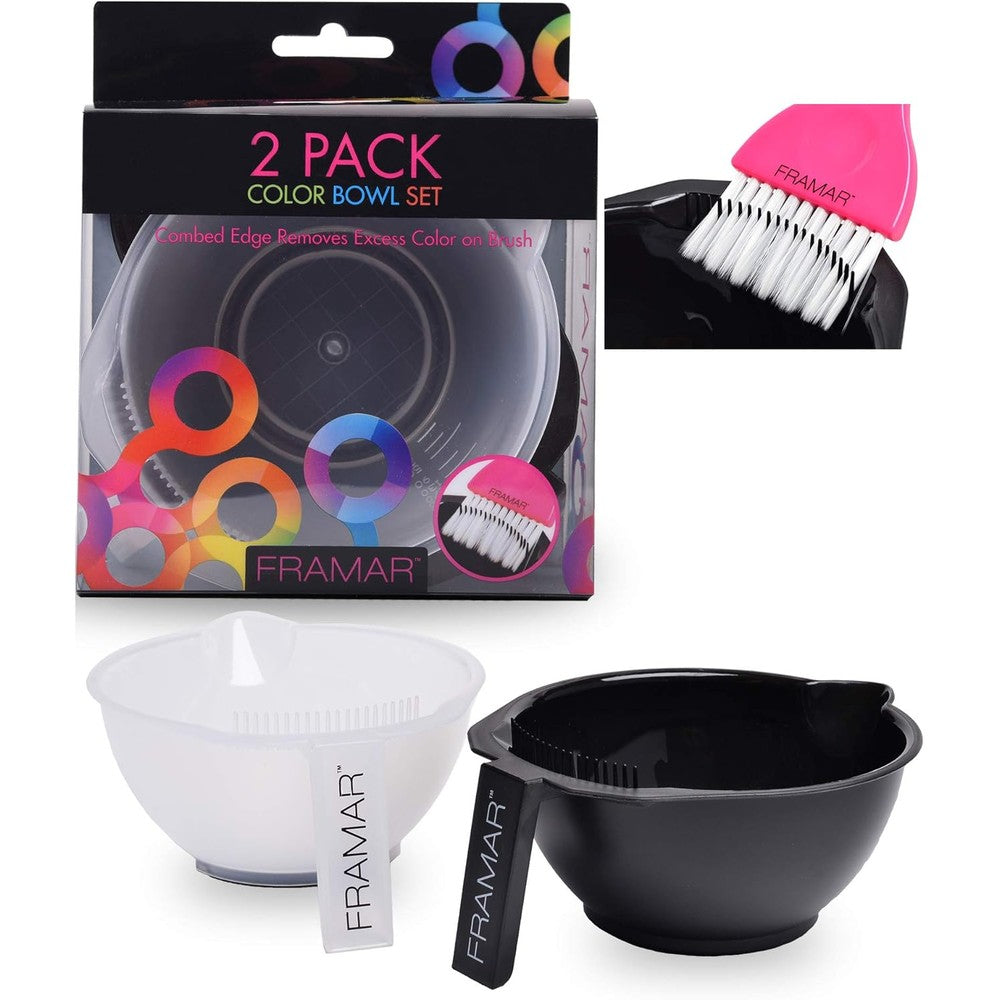 Framar Color Bowl with Cleaner Set front view showing the two pack of black hair dye mixing bowls.
