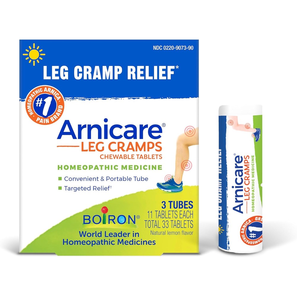 Boiron Arnicare Leg Cramps 33 Tablets front packaging for muscle relief.