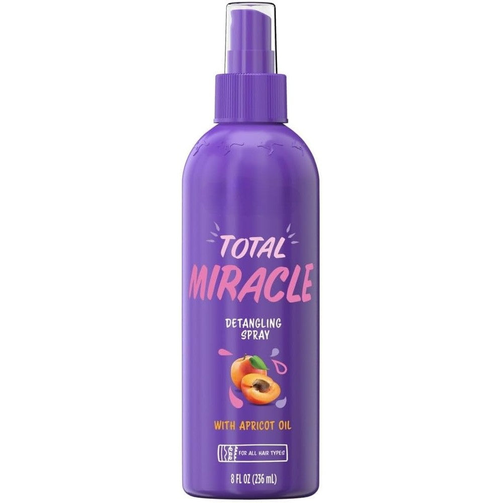 Aussie Total Miracle Hair Detangling Spray front view of purple plastic bottle with apricot oil