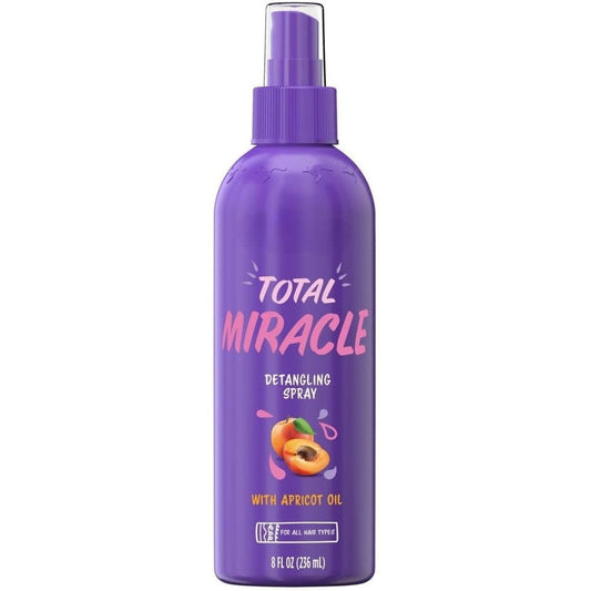 Aussie Total Miracle Hair Detangling Spray front view of purple plastic bottle with apricot oil