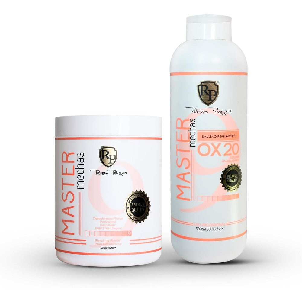 Robson Peluquero Master Mechas Hair Bleach Kit front view showcasing the powder tub and developer bottle.