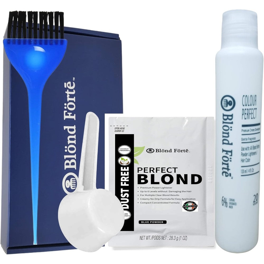 Blond Forte Perfect Blond DIY Hair Lightener front view showing the bleaching powder packet and developer bottle.