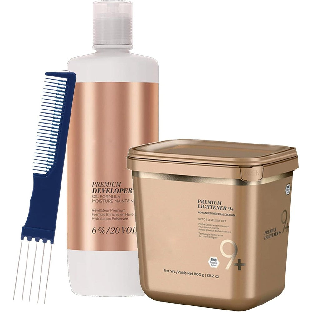 Schwarzkopf Professional BlondeMe Lightener Premium Bleach XXL bundle front view with developer and application brush