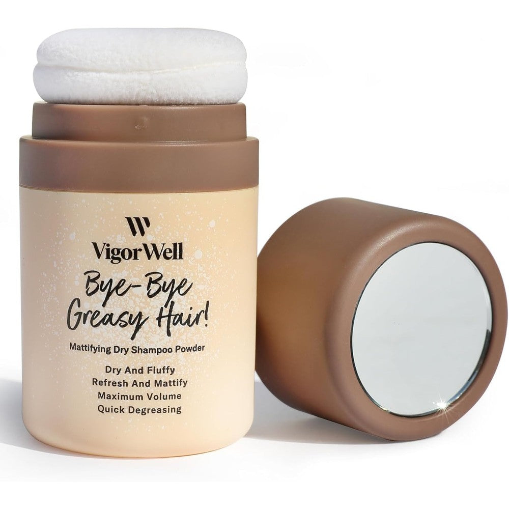 VigorWell natural dry shampoo powder front view showing compact beige container and brown cap for dark hair care