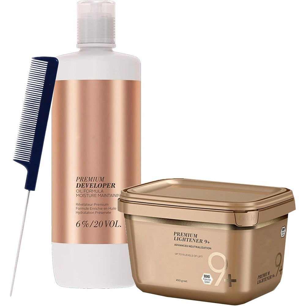Schwarzkopf BlondMe Premium Lightener 9 Plus and 20 Volume Developer kit with pin tail comb front view