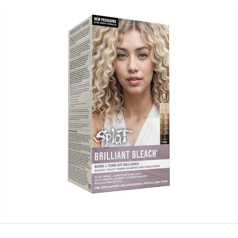 Splat Brilliant Bleach Kit front view showing product packaging and included components for hair lightening.