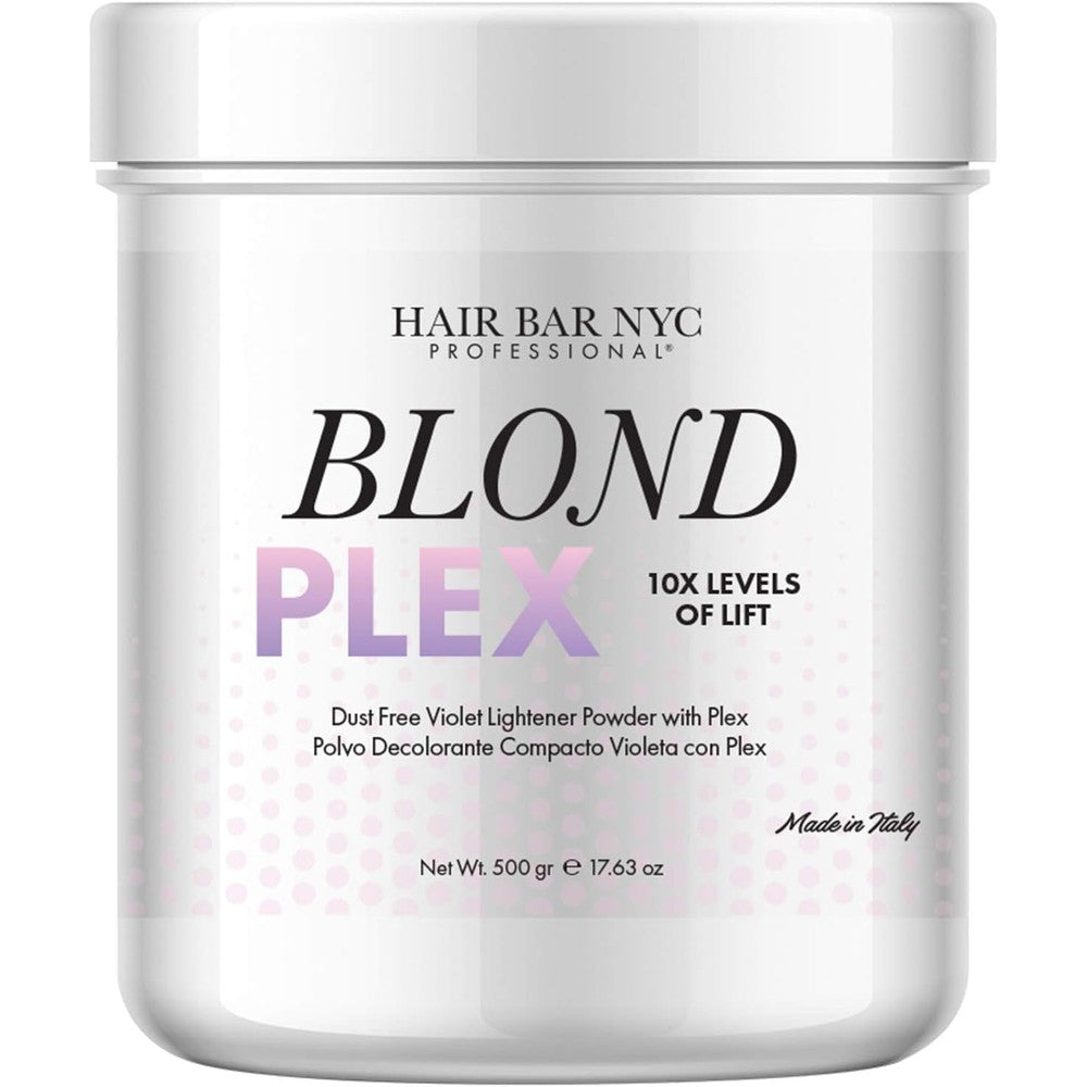 Hair Bar NYC Blond Plex Extreme Lifting Violet Lightener Powder container front view showing professional branding