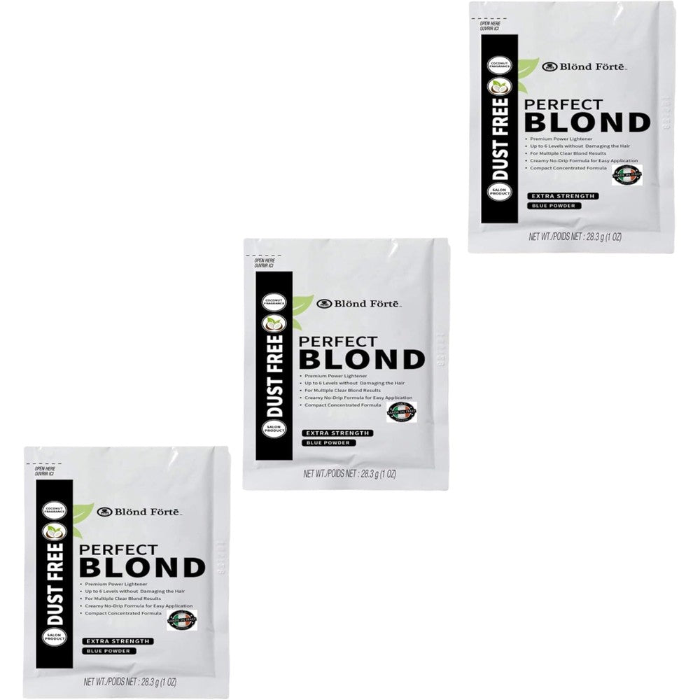 Blond Forte Perfect Blonde Blue Powder Lightener three pack front view highlighting extra strength formula for dark hair