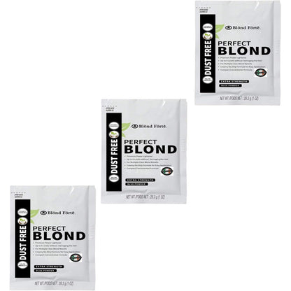 Blond Forte Perfect Blonde Blue Powder Lightener three pack front view highlighting extra strength formula for dark hair