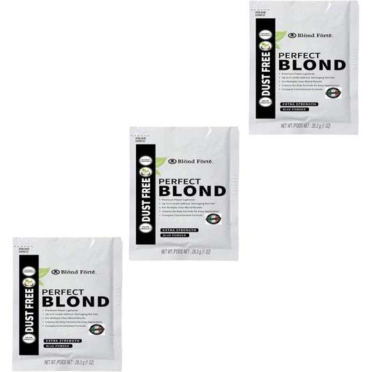 Blond Forte Perfect Blonde Blue Powder Lightener three pack front view highlighting extra strength formula for dark hair