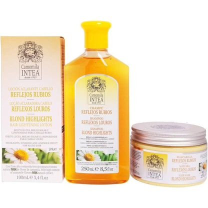 Intea Camomile Blonde Reflections Hair Lightening Treatment Kit front view showing the lotion bottle shampoo tube and mask jar packaging