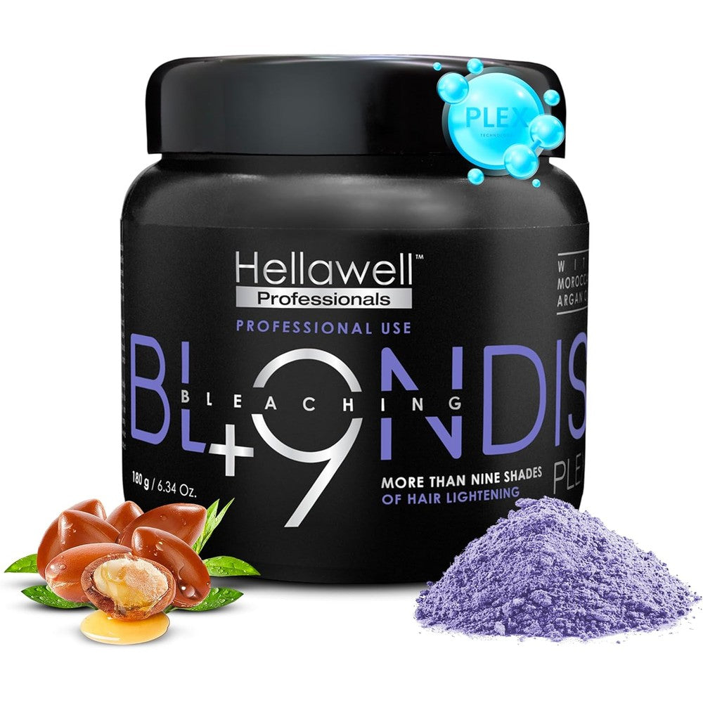 Hellawell Professionals Blondish Plex Plus 9 Hair Bleaching Powder front view of the professional black jar container.