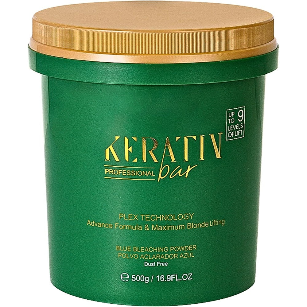Keratin Bar Professional Blue Bleaching Powder front view container showing Plex technology label