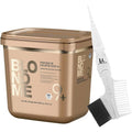 Schwarzkopf Professional BlondMe Premium Lightener 9+ powder bleach 800g tub with M Hair Designs tint brush comb on a clean background.