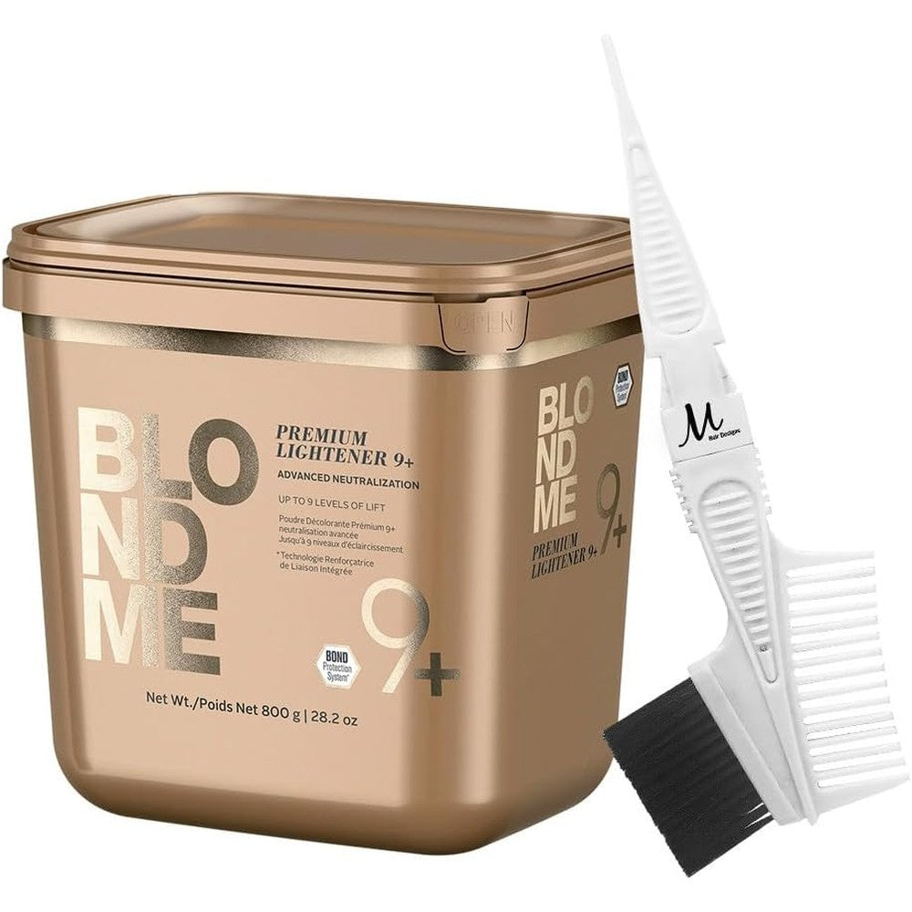 Schwarzkopf Professional BlondMe Premium Lightener 9+ powder bleach 800g tub with M Hair Designs tint brush comb on a clean background.