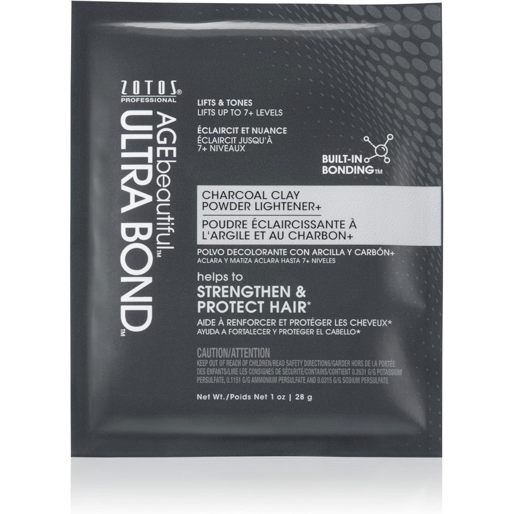AGE beautiful Ultra Bond Charcoal Clay Powder Lightener front view packaging showing seven plus levels of lift benefit