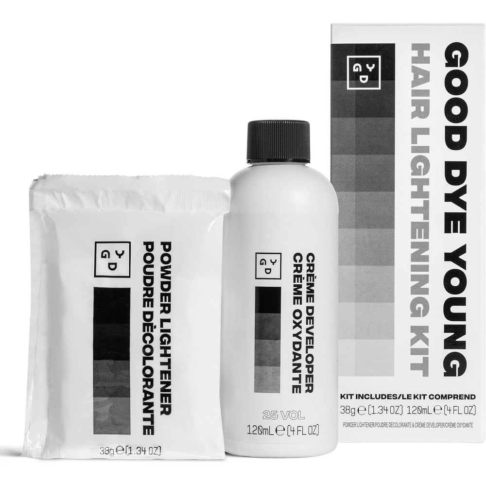 Good Dye Young Hair Lightener Kit front packaging showing dust-free powder and developer bottles.