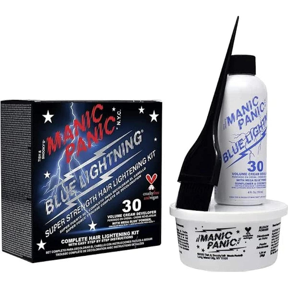 Manic Panic Blue Lightning Hair Bleach Kit front view of packaging box showing product attributes