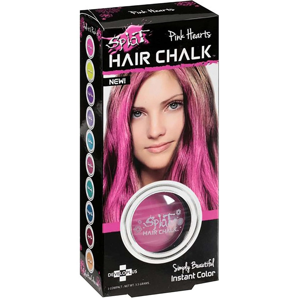 Splat Pink Hearts Temporary Hair Chalk compact packaging front view showcasing the authentic pink washable hair color product