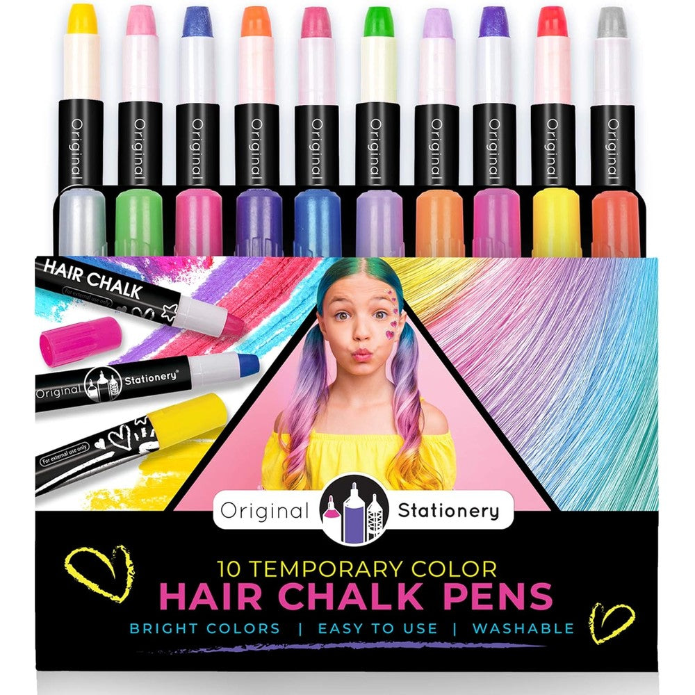 Original Stationery Hair Chalk Pens ten-pack front packaging view displaying vibrant and metallic shades.