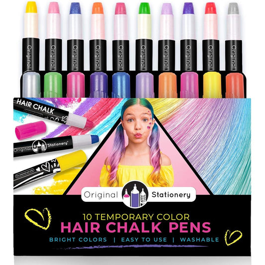 Original Stationery Hair Chalk Pens ten-pack front packaging view displaying vibrant and metallic shades.