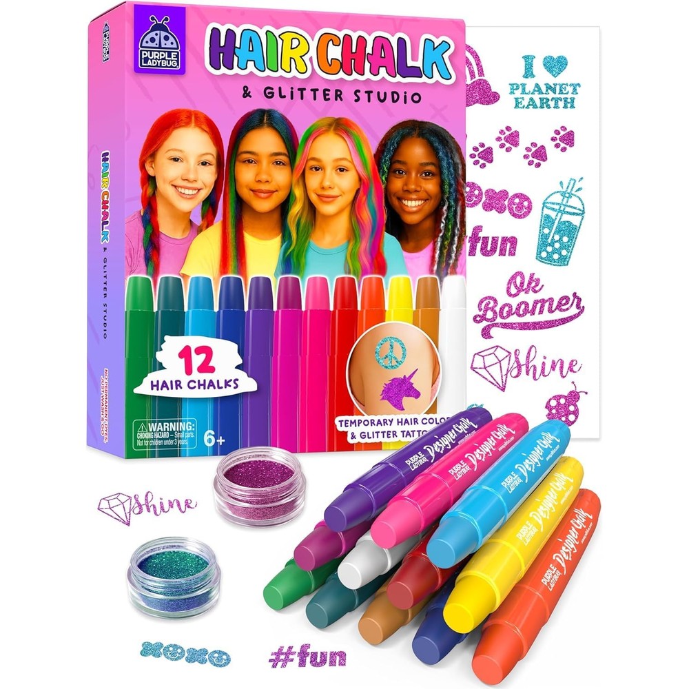 Purple Ladybug 12 colors hair chalk studio set front view showing temporary color pens and glitter accessories