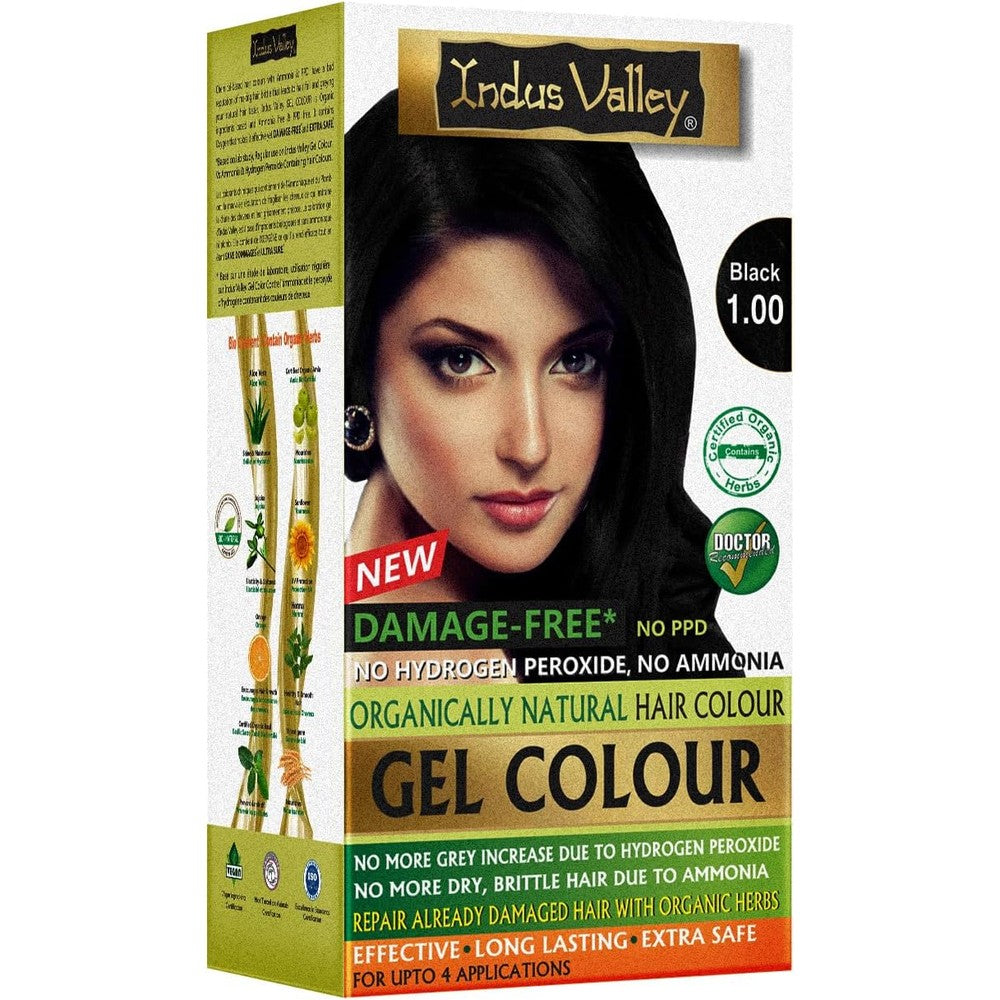 Indus Valley Organic Damage Free Gel Hair Color Black front packaging view showing certified organic herbs emblem.
