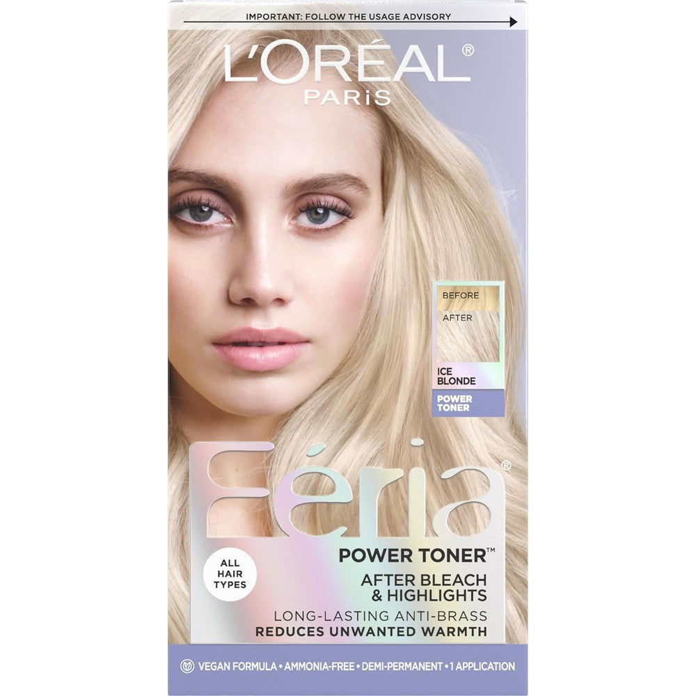 L'Oreal Paris Feria Anti Brass Power Hair Toner box front view showcasing ice blonde color results