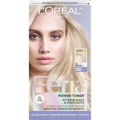 L'Oreal Paris Feria Anti Brass Power Hair Toner box front view showcasing ice blonde color results